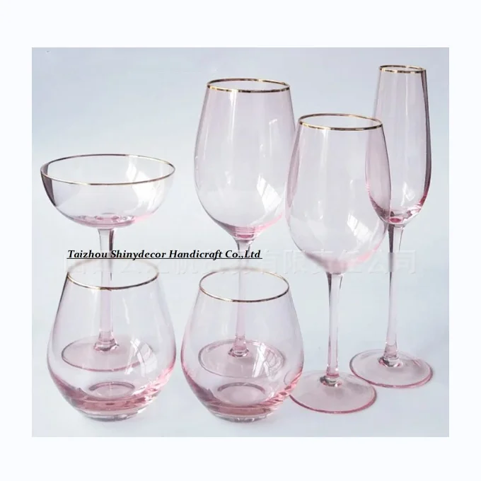 SJB021 New Pink color gold rimmed sparking crystal wine glass cups set for bars restaurants
