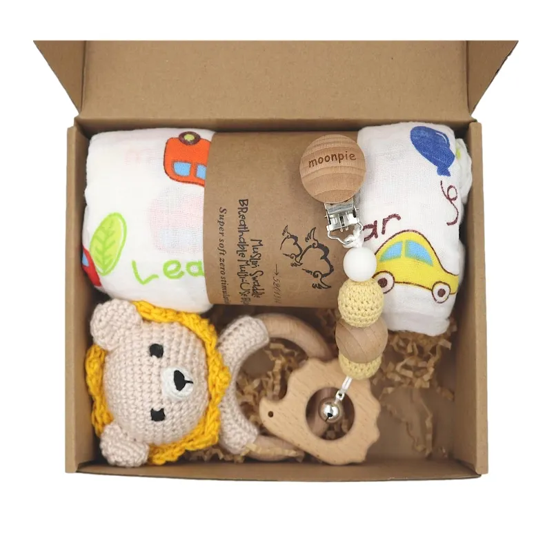100% Organic Cotton Muslin towel Crochet elephant rattle teether newborn  Baby Gift Sets AL86set