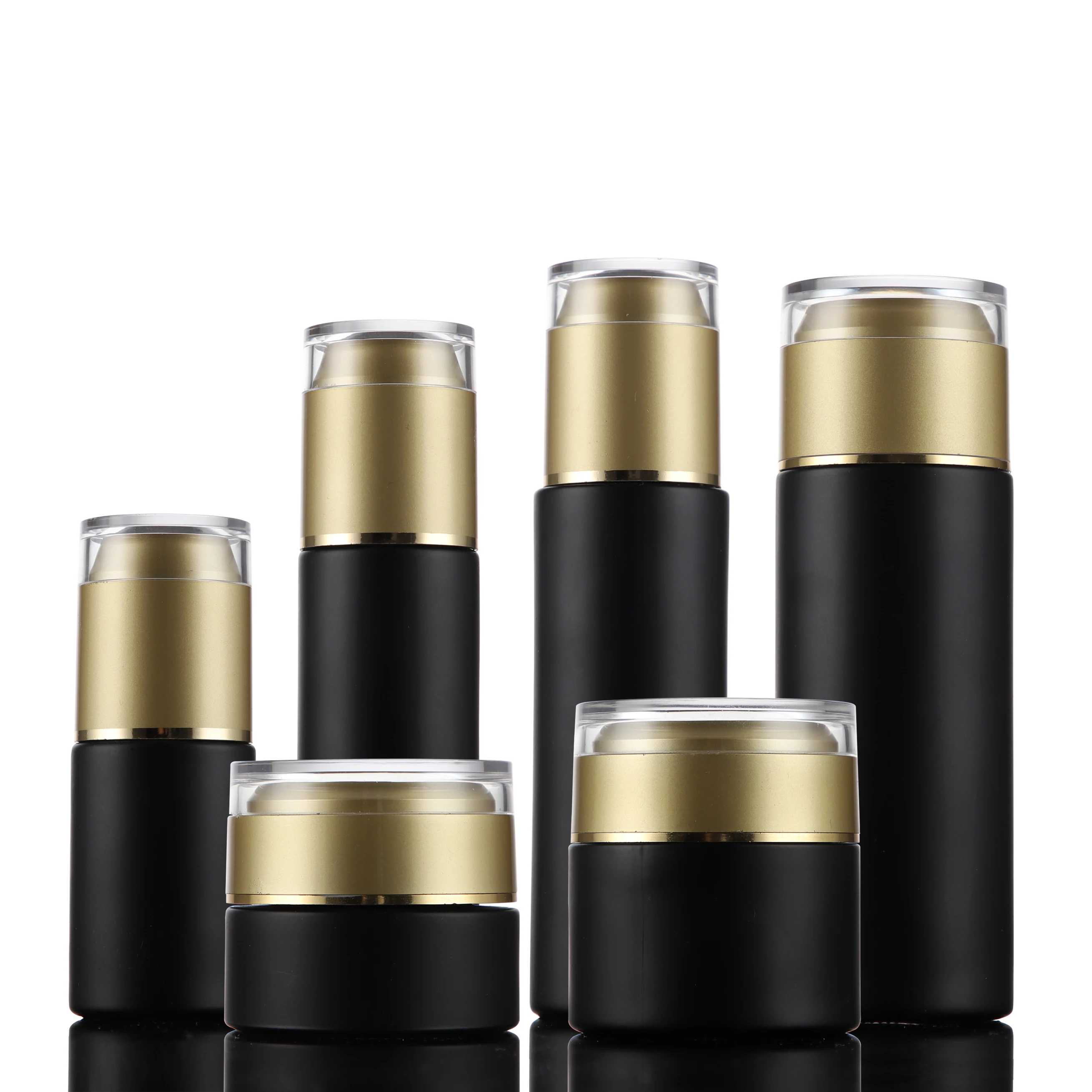 Luxury cosmetic containers lotion pump bottles , 30ml 60ml 120ml matte black frosted glass foundation bottles with golden lid
