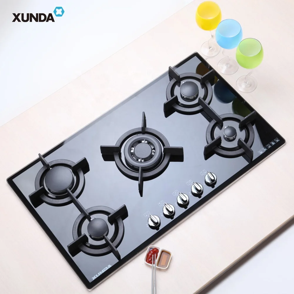 Xunda All Black Tempered Glass 5 Burners Gas Cooktops Built-In Gas Stove Glass Top Hob