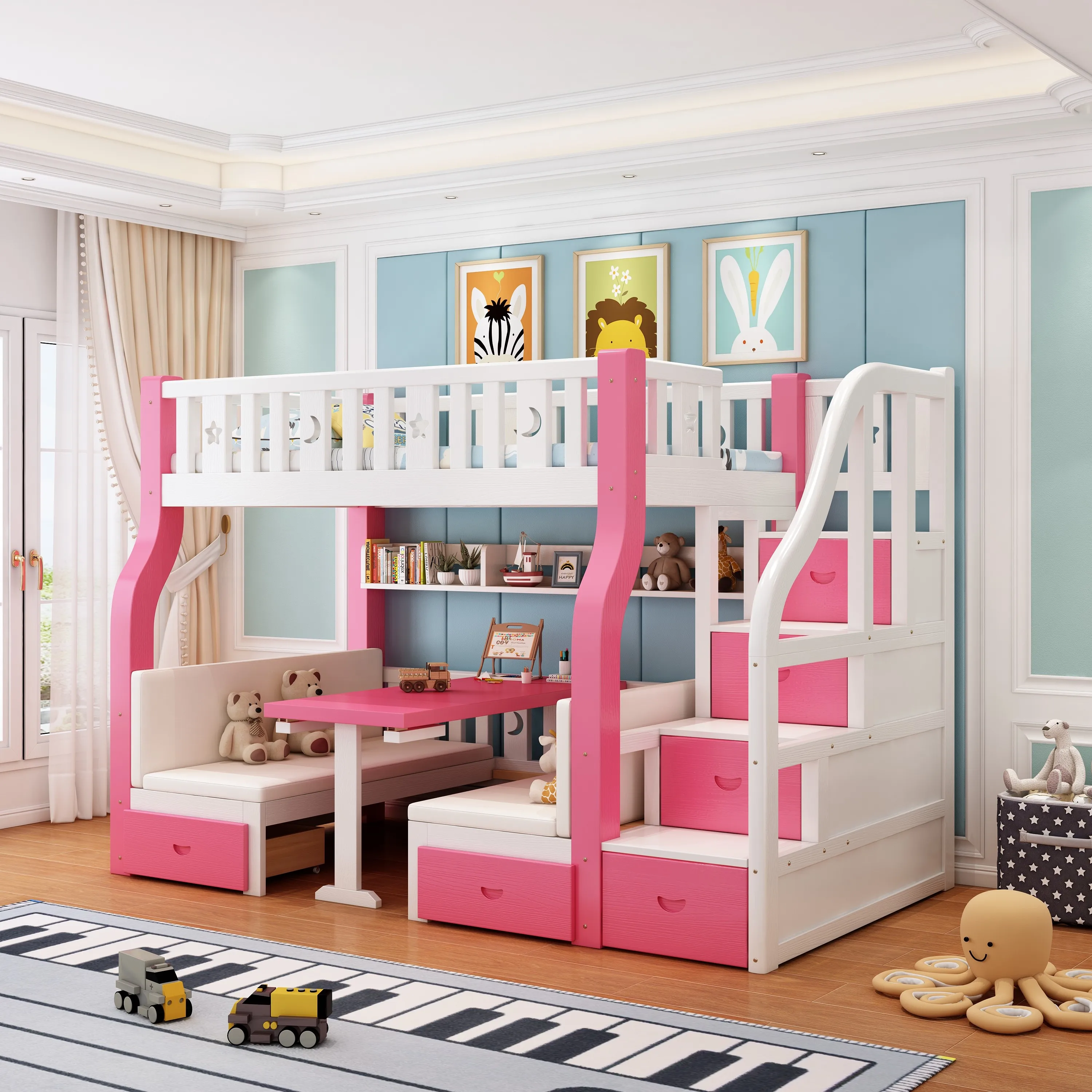 
Smart Modern Design Solid Wood Bed Furniture Children Double Bunk Beds with Storage Drawer or Ladder 