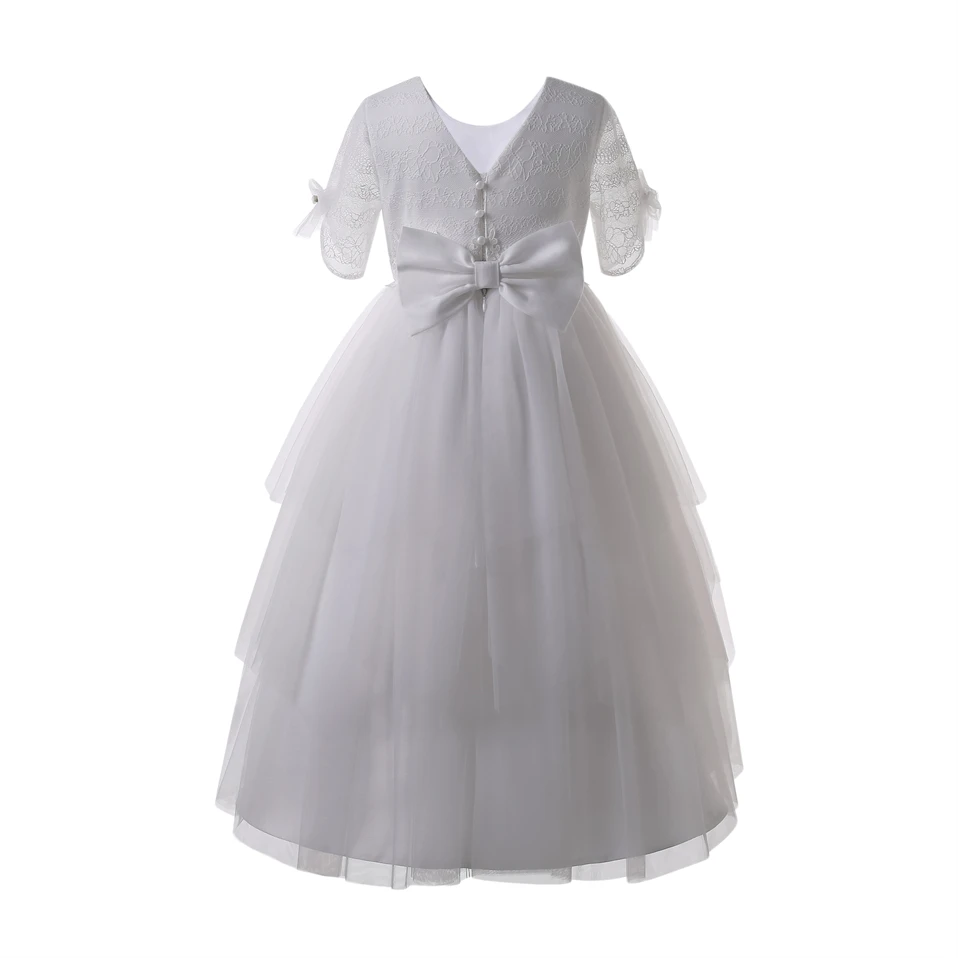 Elegant White Lace First Communion Dress with Floral Waistband and Tiered Tulle Skirt for Girls