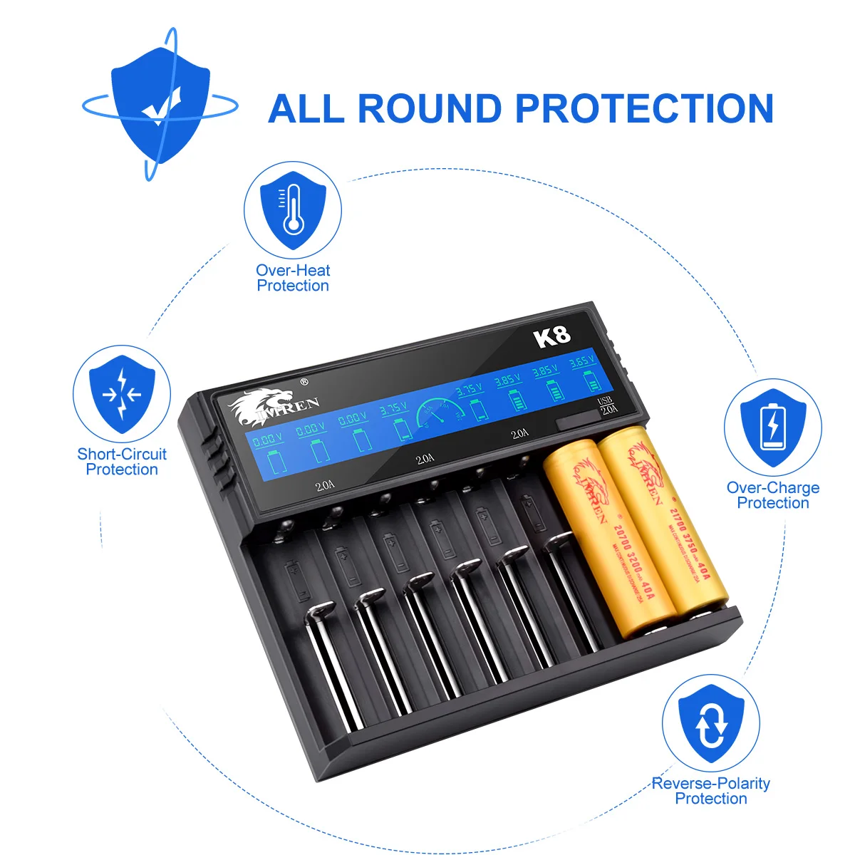 IMREN 8 slots automatic 18650 5v 2a lithium battery charger for 18650 26650