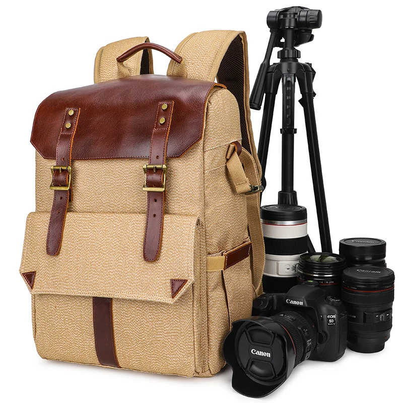 
Outdoor professional vintage waterproof canvas cow leather padded photo camera bag 