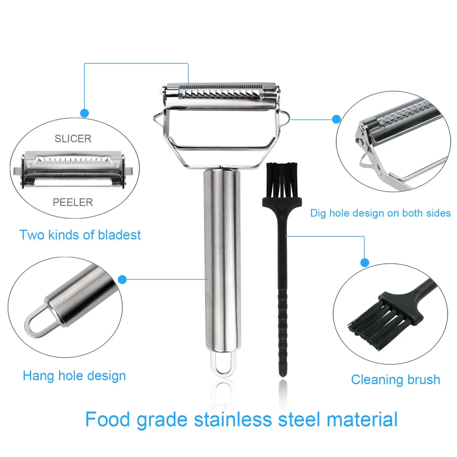 Julienne Peeler Stainless Steel Cutter Slicer with Cleaning Brush Pro for Carrot Potato Melon Gadget Vegetable Fruit