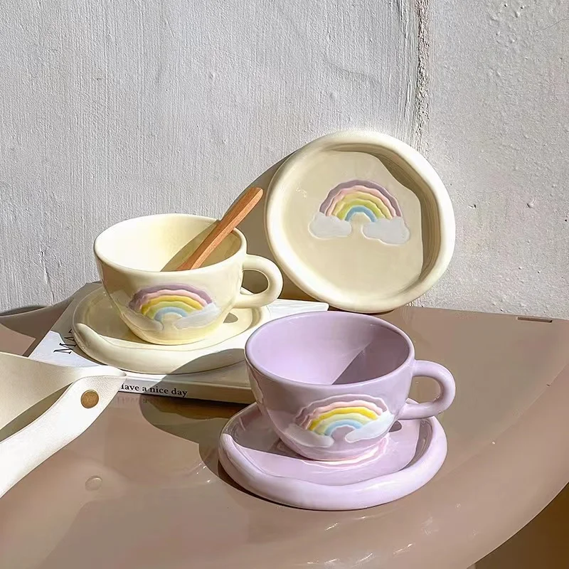 Wholesale ins Korean style hand-painted rainbow pattern espresso coffee mug and irregular saucer set cute coffee cup for gift