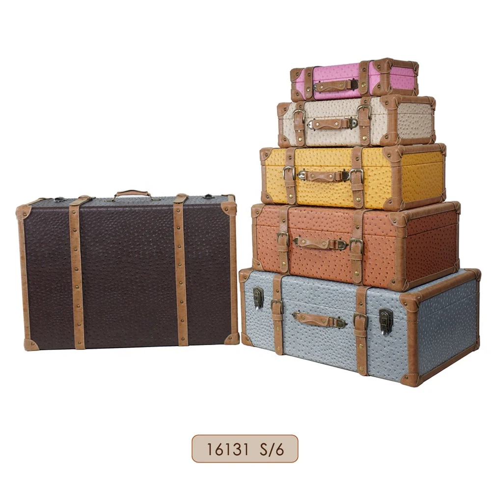 Vintage Wooden Trunks Storage Chests Boxes Sets with PU Leather Surface for Home Decoration