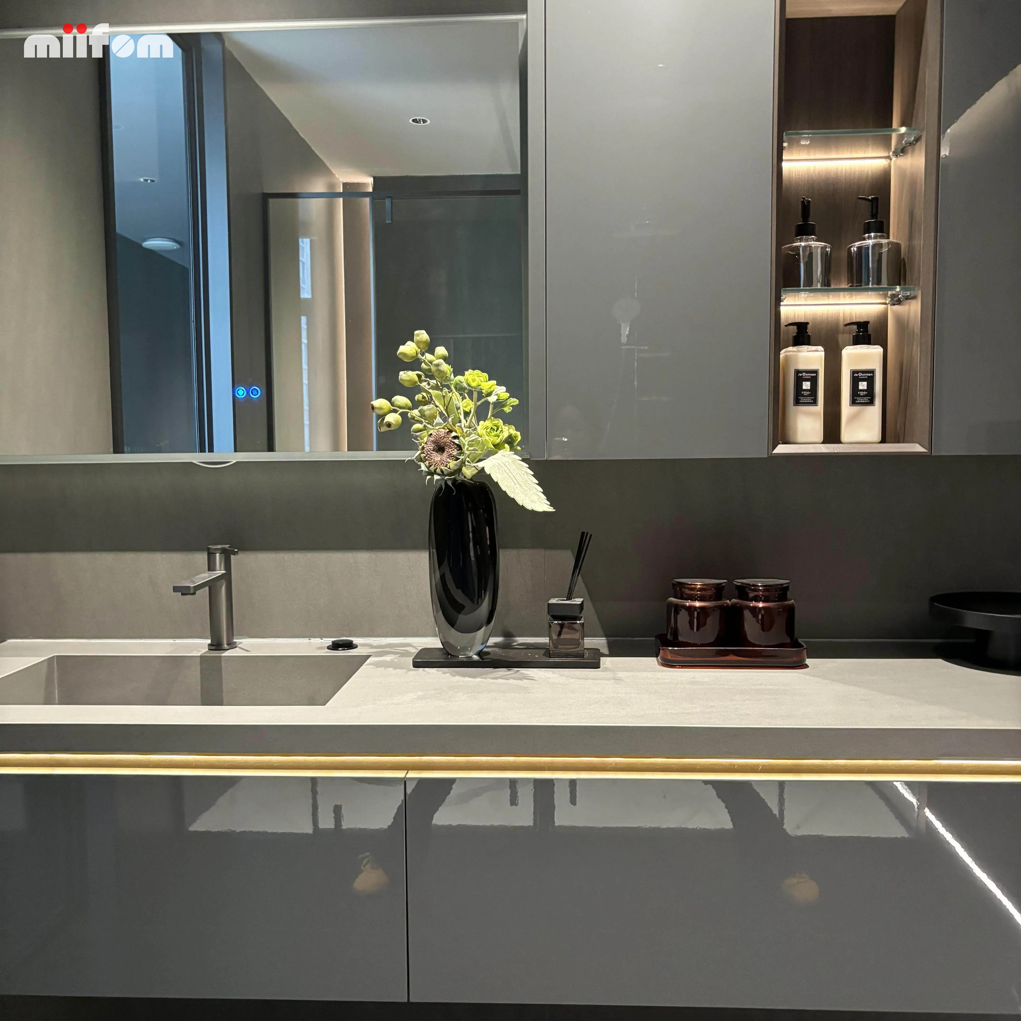 grey high glossy lacquer countertop and basin integrated one type bathroom cabinet with smart mirror