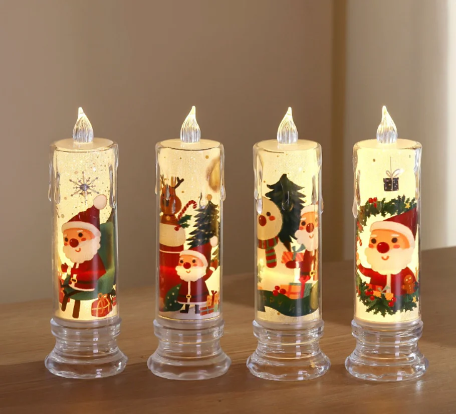 Christmas Flameless Candle Santa Claus Snowman Decals Battery Operated Xmas Themed LED Candles Festival Holiday Decorations