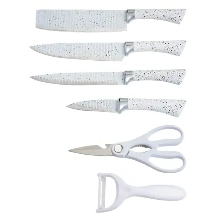 6Pcs Multifunctional Stainless Steel Kitchen Knife Set White Black PP Handle Cleaver Chef  Knives With Ceramic Peeler