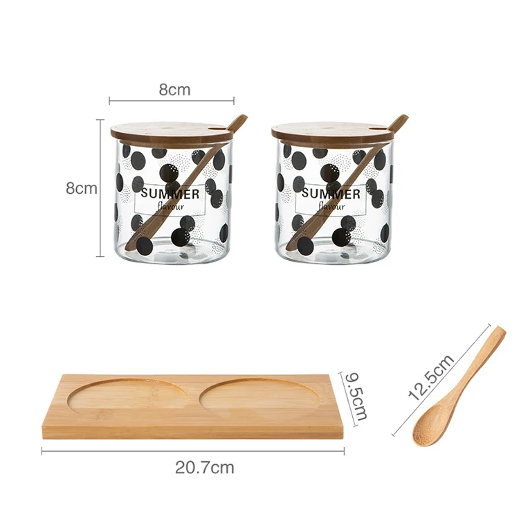 
Bamboo lid salt and pepper shaker spice condiment clear glass seasoning box with wood tray 