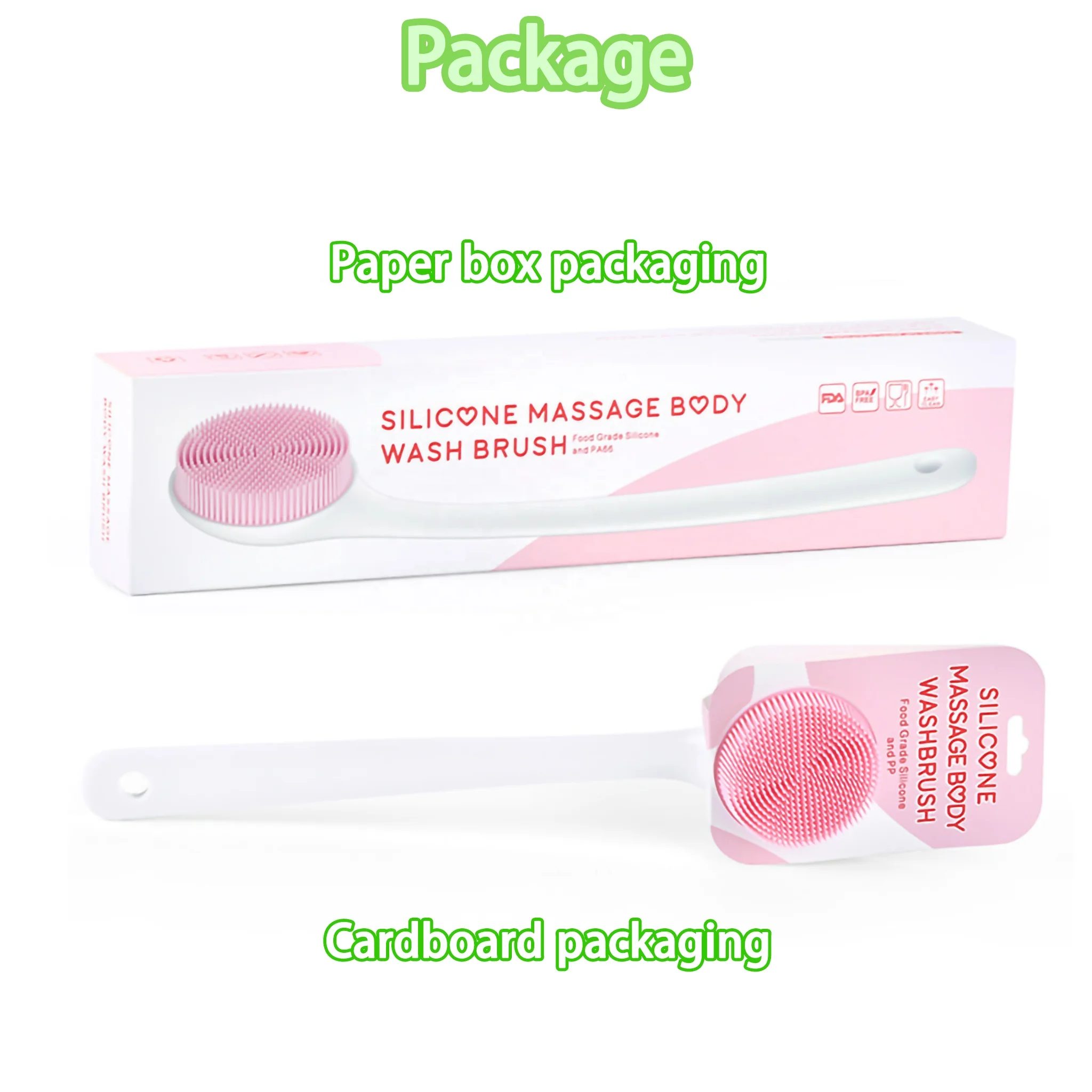 Eco-friendly Custom Long Handle Body Back Massager Exfoliating Dry Brush Silicone Cleaning Bristle Bath Brush
