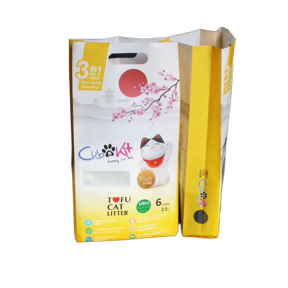 Custom print  5 L 7L  OEM/ODM  side gusset  stand up flat bottom tofu cat litter bag with handle