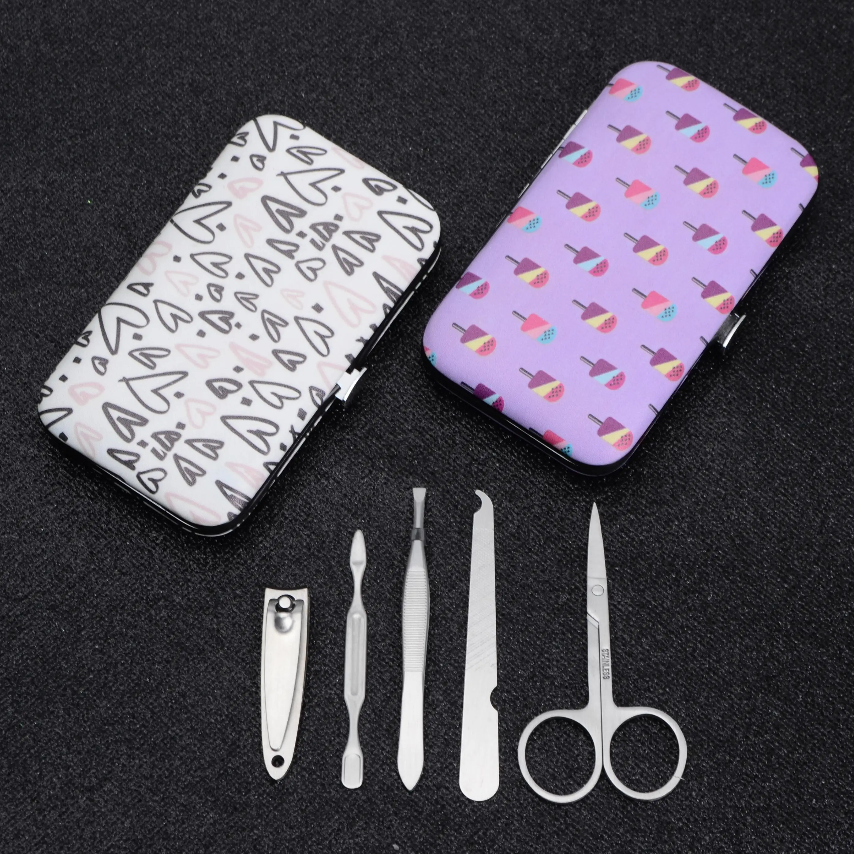 Wholesale stainless steel girls 5pcs nail care tools gift kits beauty pedicure manicure set in butterfly case