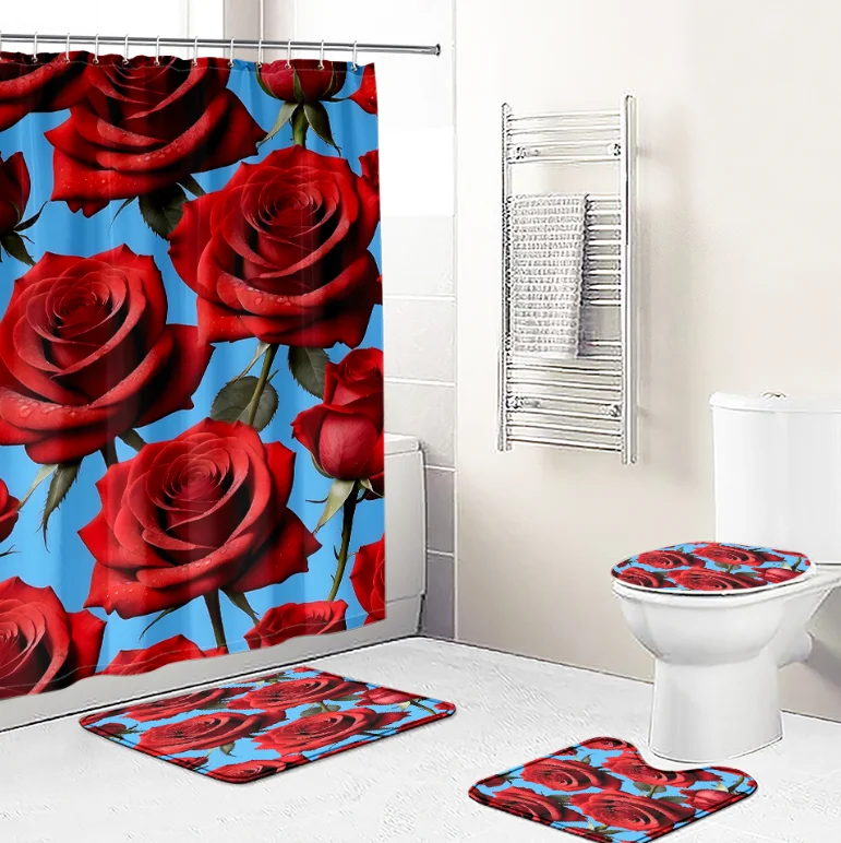 Watercolor Flower Shower Curtain Set Toilet Lid Cover Non-Slip Rug 4Pcs Sunflower Rose Lavender Tulip Bathroom Curtains 12 Hook