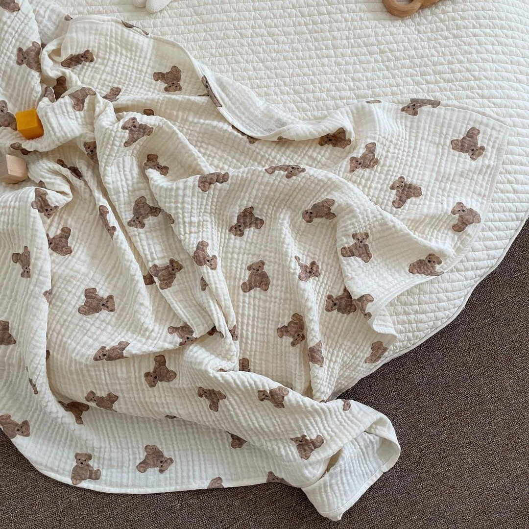 Popular soft 2 layers cotton muslin baby swaddle blankets neutral receiving blankets with bear printing