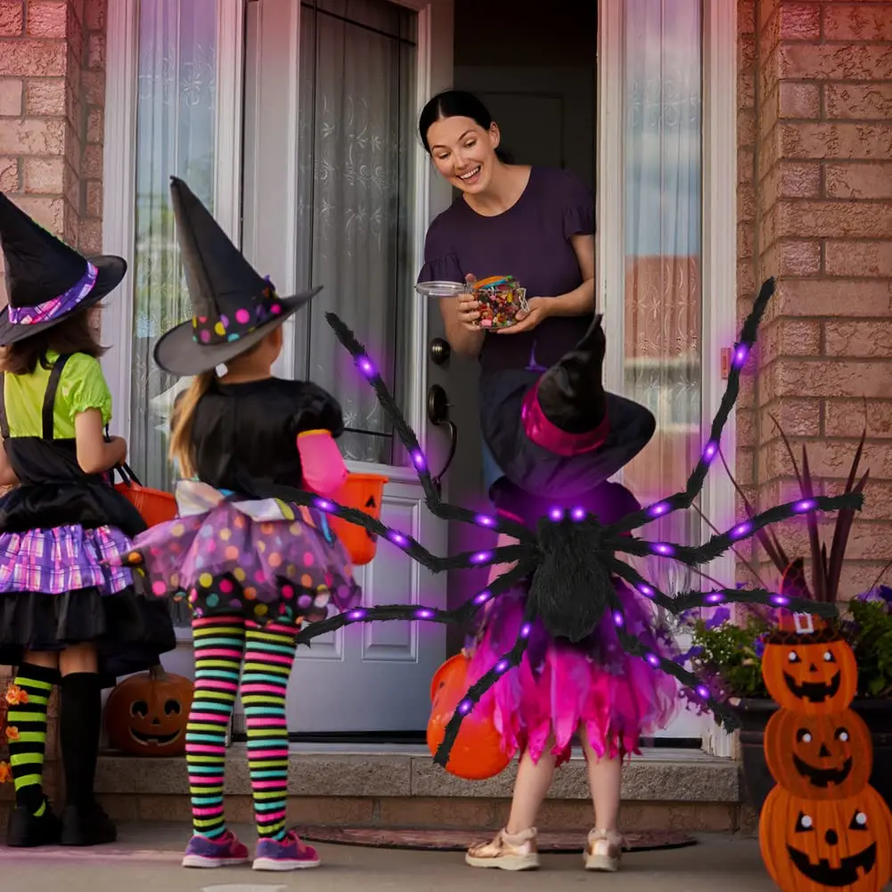 4ft Purple LED Spider Fake Giant Halloween Outside House Decor Light up Black Hairy 125cm Creepy Spiders for Party Haunted