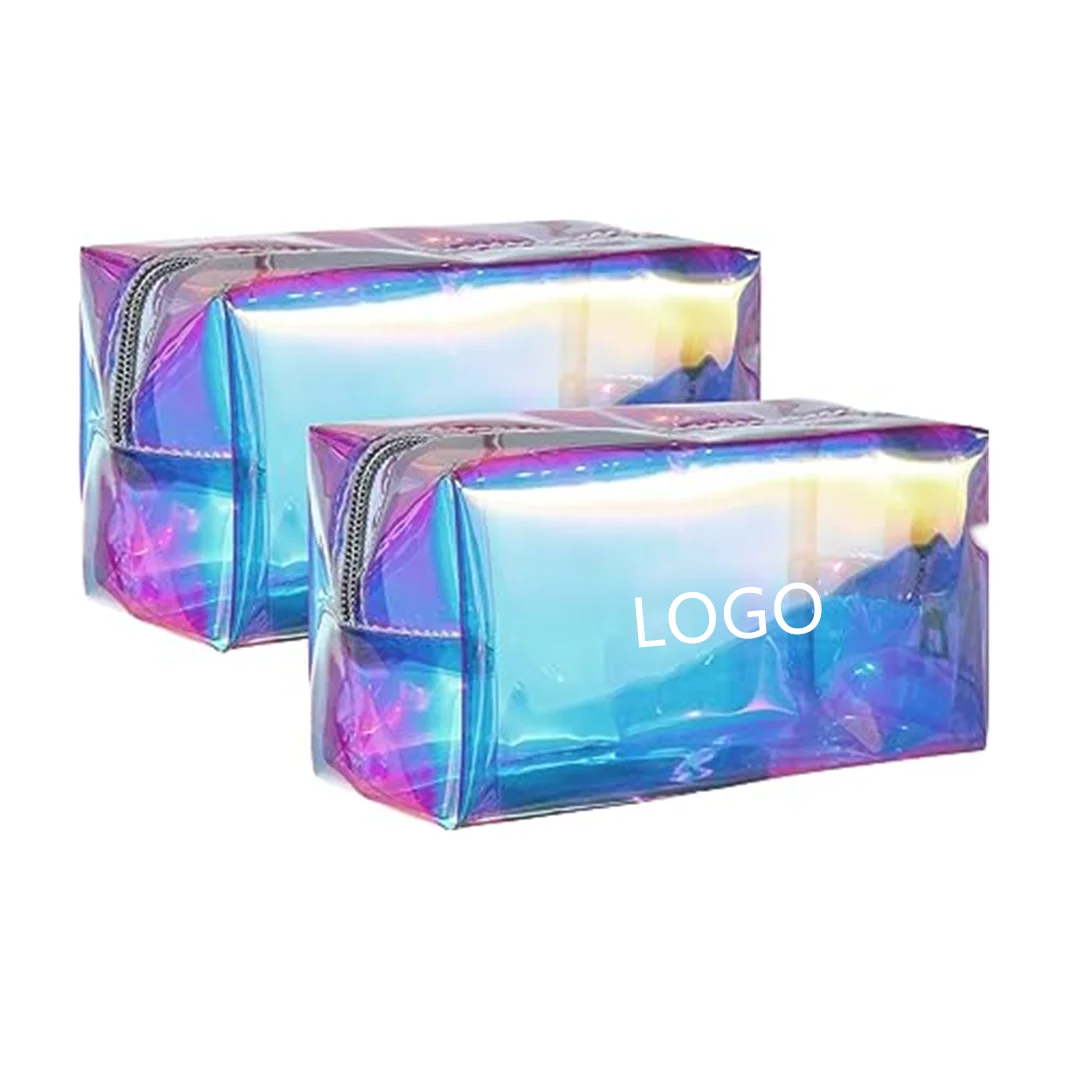 Holographic Plain Makeup pvc Bag Iridescent Cosmetic Toiletry Pouch Waterproof Portable Skinny Glitter Pencil Case Handbag