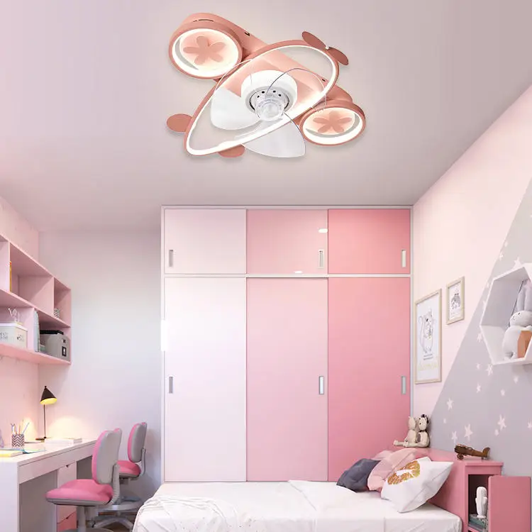 Modern kids room bedroom fancy decoration cartoon airplane colorful with remote control ceiling fan light for children room