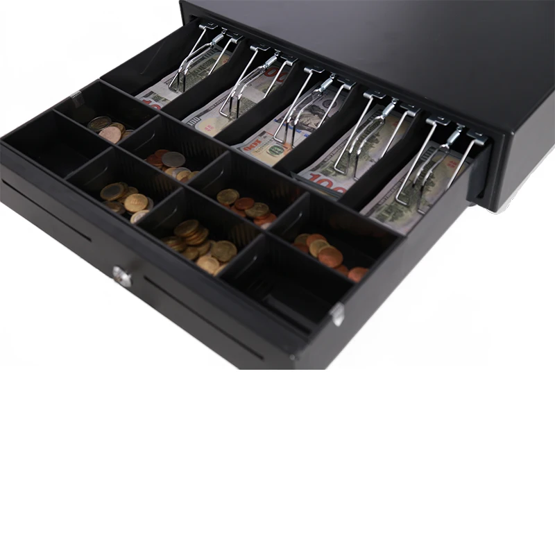 Supermarket mini Black 410mm wide 12v 4b8c rj11 rj12 lockable Cash Box Drawer for cashier machine