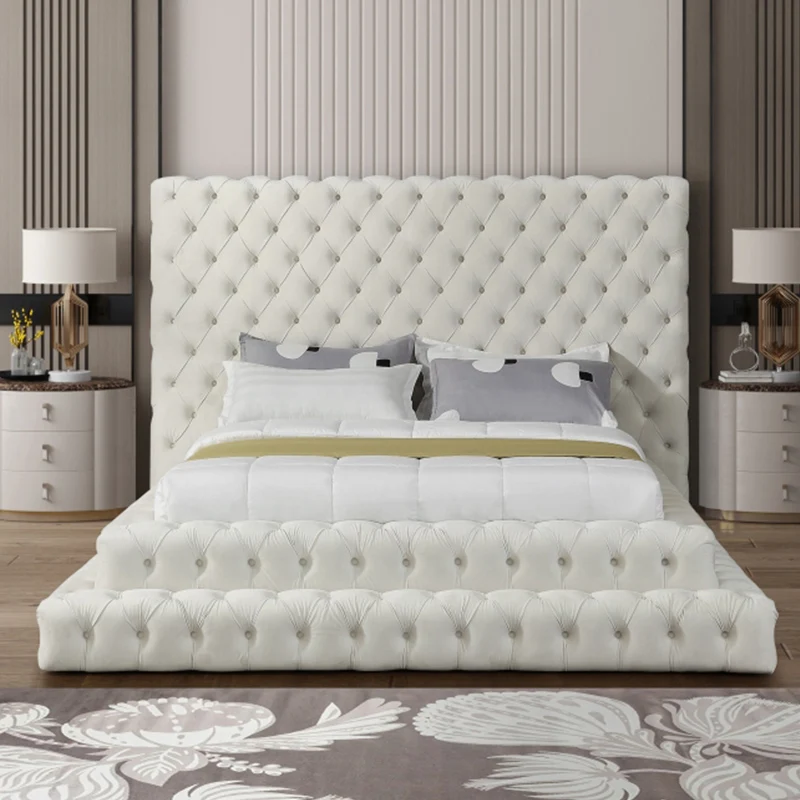 American Style Bedroom Upholstered Tufted Modern Platform Soft King Queen Size Bed Frames