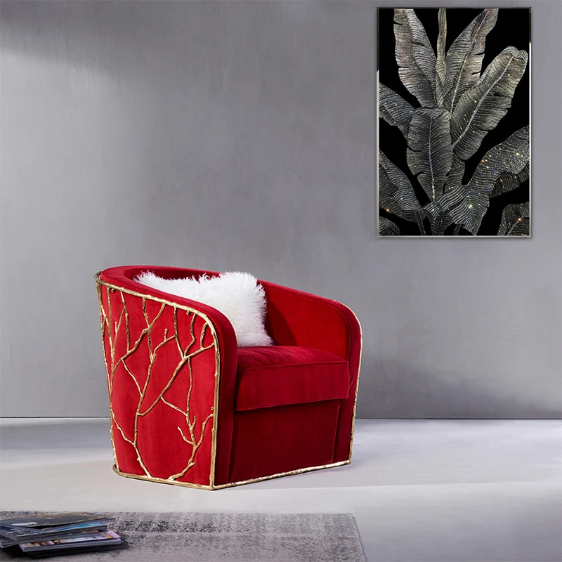 Kangyi Luxury design polished brass living room chairs & armchairs red velvet accent chair luxury leisure chair
