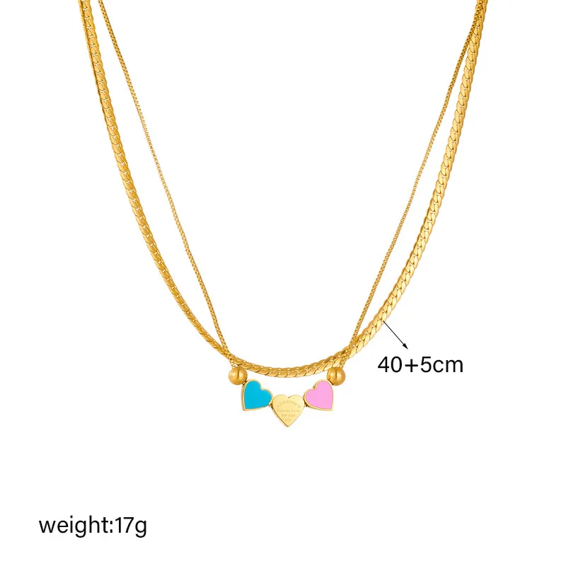 Stainless Steel Double Layer Lovely Heart engraved Necklace For Women Girl Fashion Waterproof Chains Non-fading Jewelry