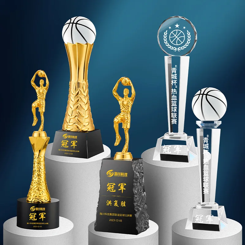 Custom New league champion cup figurine trophy Award Gold Big MVP bodybuilding Sport glass crystal basketball trophy and medals