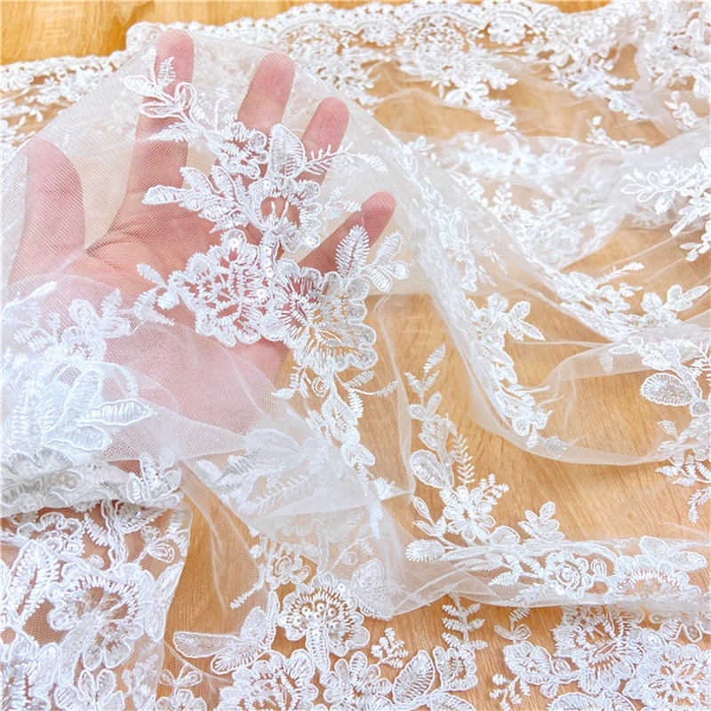 Wholesale French Mesh White Sequin Fabric Bridal Embroidery Lace Polyester Tulle Wedding Clothing Textile Fabric