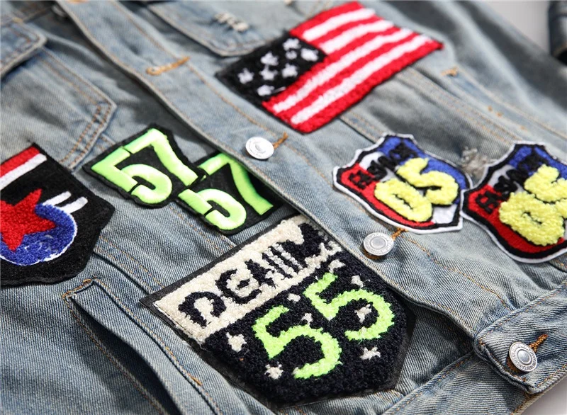 brand design hip hop streetwear denim fancy patches embroidery ripped jean jacket for men