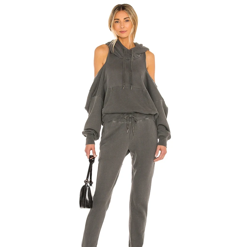 Custom women casual  fashion street high quality wear sexy cut out off shoulder Ribbed long sleeves cuffs hoodie