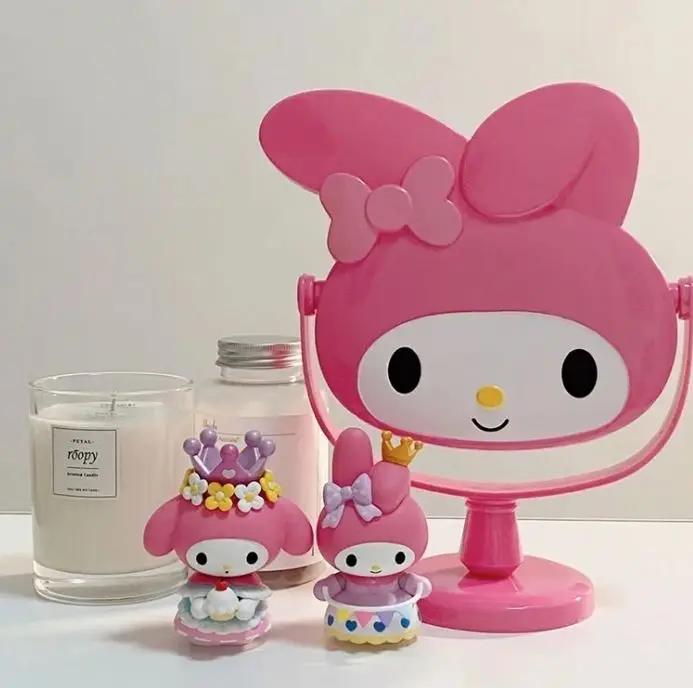 SS Kawaii Sanrioed My Melody Vanity Mirror Anime Figure Rotatable Table Mirror Vanity Mirror Glass Bedroom Desktop