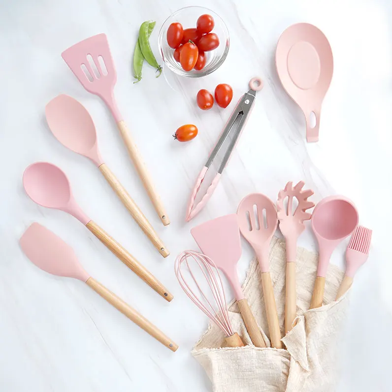 Dishwasher Safe Silicone Kitchen Tools include Turner Spatula Spoons Soup Ladle Tong Non Stick Cookware