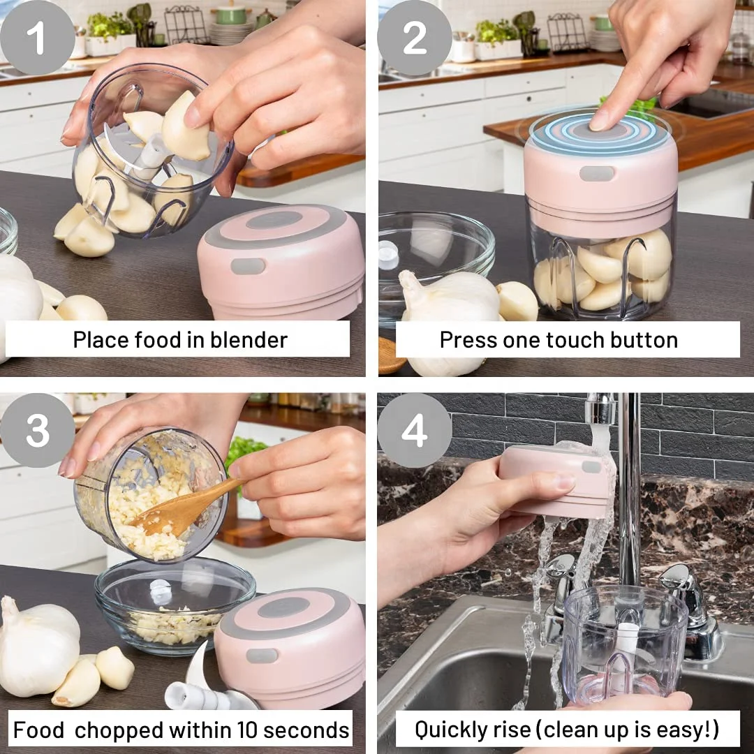 250ML Rechargeable Portable and Cordless Mini Food Processor  Electric Garlic Chopper with Stainless Steel Blade