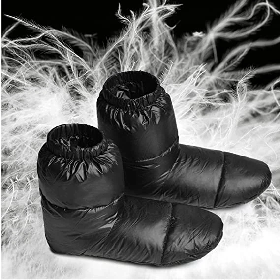 Ultralight Winter Down Booties Goose Down Socks Slippers Outdoor Indoor Tent Warm Soft Boots for Men and Women with Storage Bag