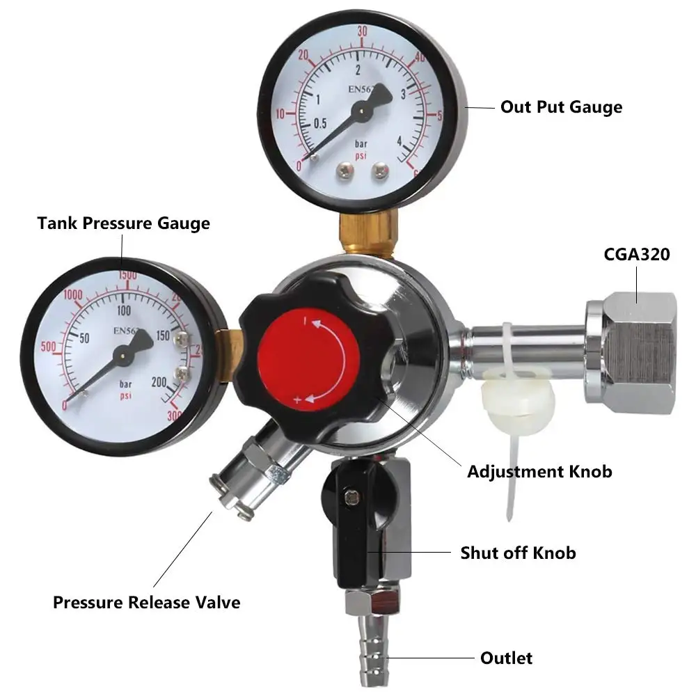 Co2 Dual Gauge  Beer Regulator For Homebrew With Pressure Relief Safety Valve 0-3000psi W21.8/CGA 320 Co2 Gauge Tools