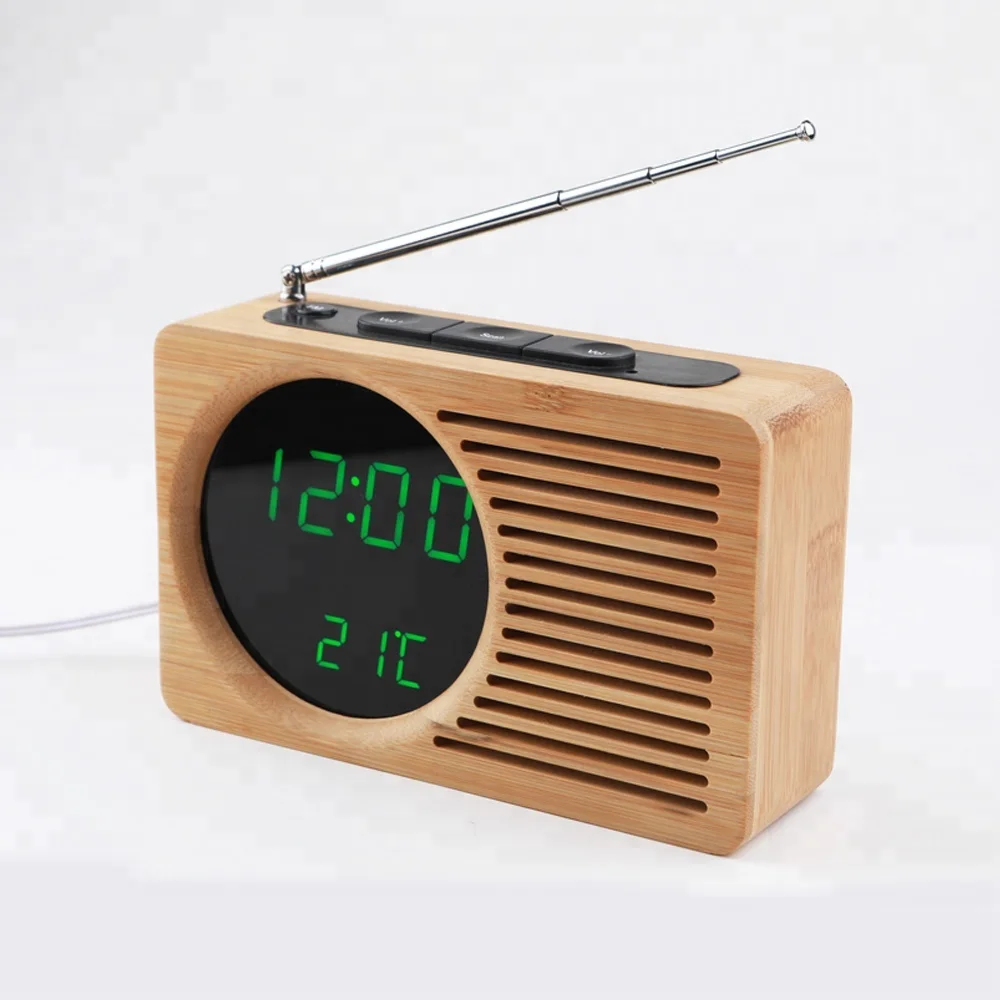 USB перезаряжаемые Цифровые Электрические бамбуковые светодиодные часы FM радио будильник