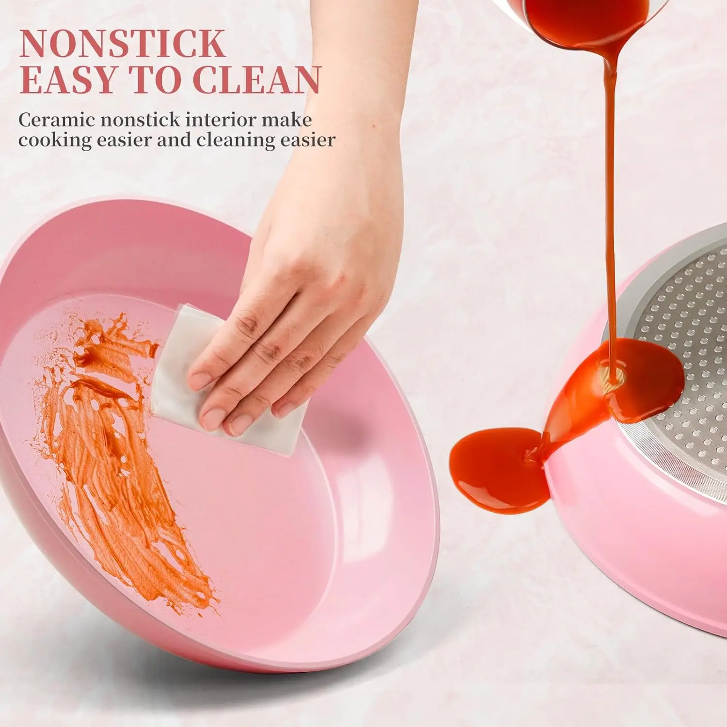 9 Pcs Induction Pink Aluminum Ceramic Non Stick Pan Set Cookware Set Cooking with Glass Lid