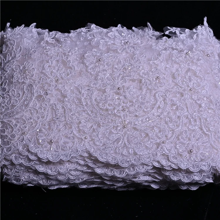 In Stock Quality Good Handwork Rayintel Core I5wedding Veil Trim Fabric with Beads and Pearl for Bridal Embroidered Lace Luxury