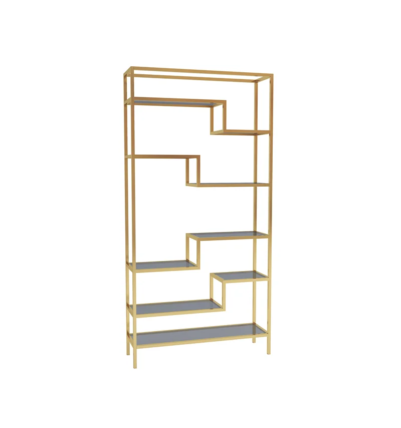 home customized luxury modern gold stainless steel and glass bookcase storage rack bookshelf