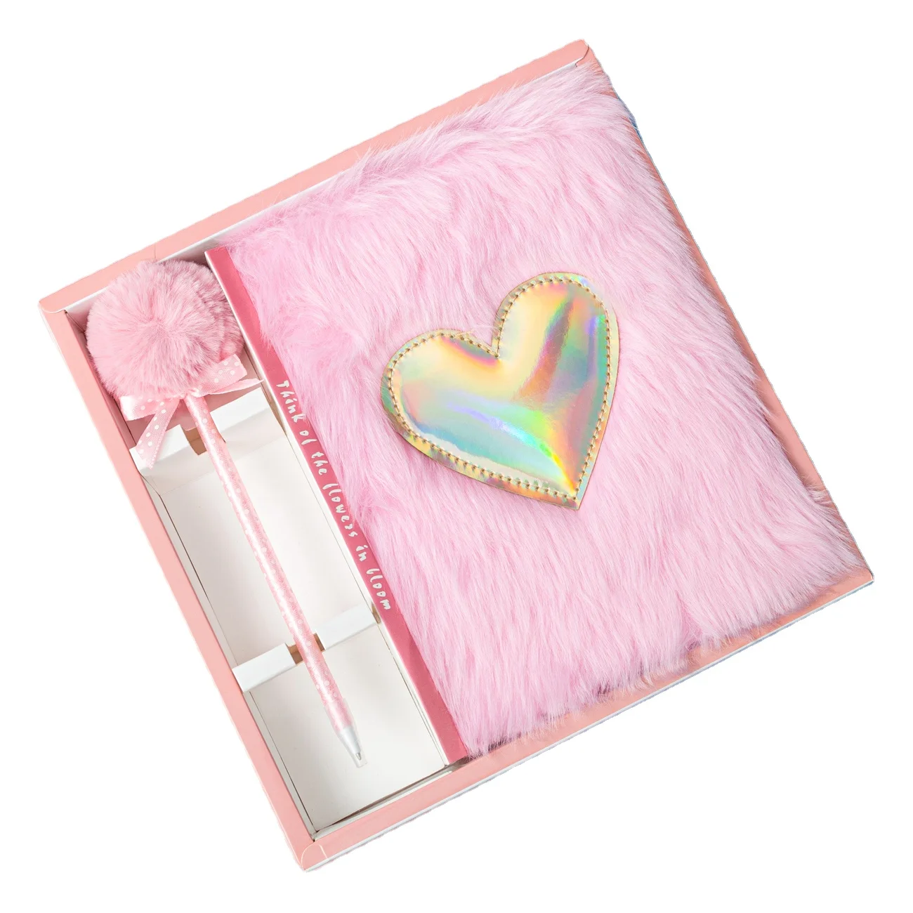 2020 New Design Luxury Pink Purple Warm Plush Notebook And Pen Set,Stock On Sale Promotion Stationery Gift Set For Girl