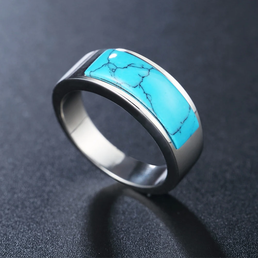 Vintage Turquoise Stone Rings Stainless Steel Natural Gemstone Ring For Men