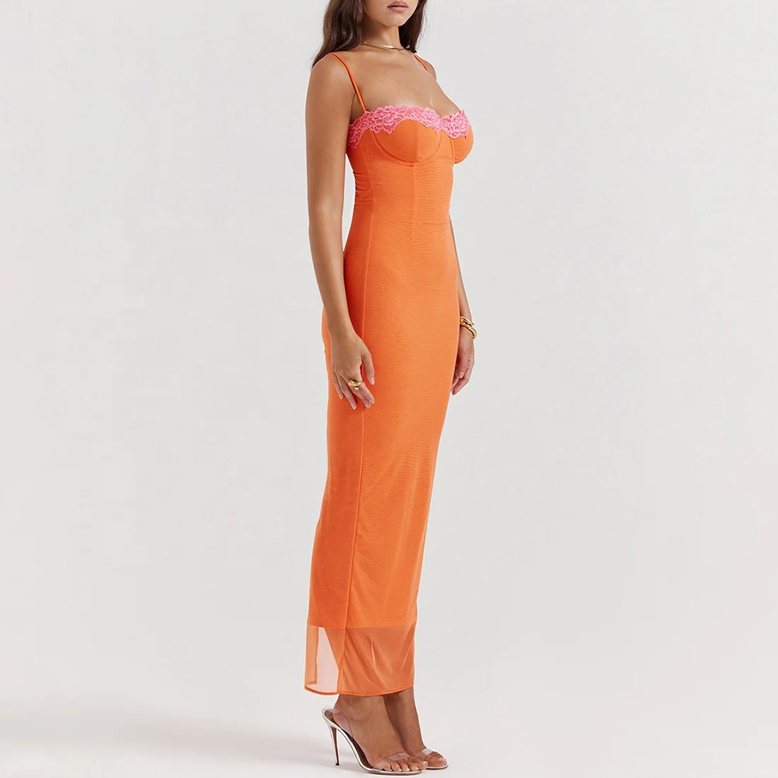 Classic Flame Orange Maxi Dress Evening Wear Birthday Dresses Women Lace Vestidos Women Elegant Summer Casual Dresses