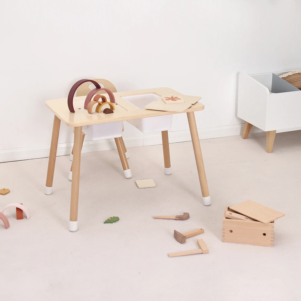 Kids Bedroom Furniture Kids Wood Toy Play Table with Lids Plastic Storage Box Water Table Multifunction Block Sensory Table