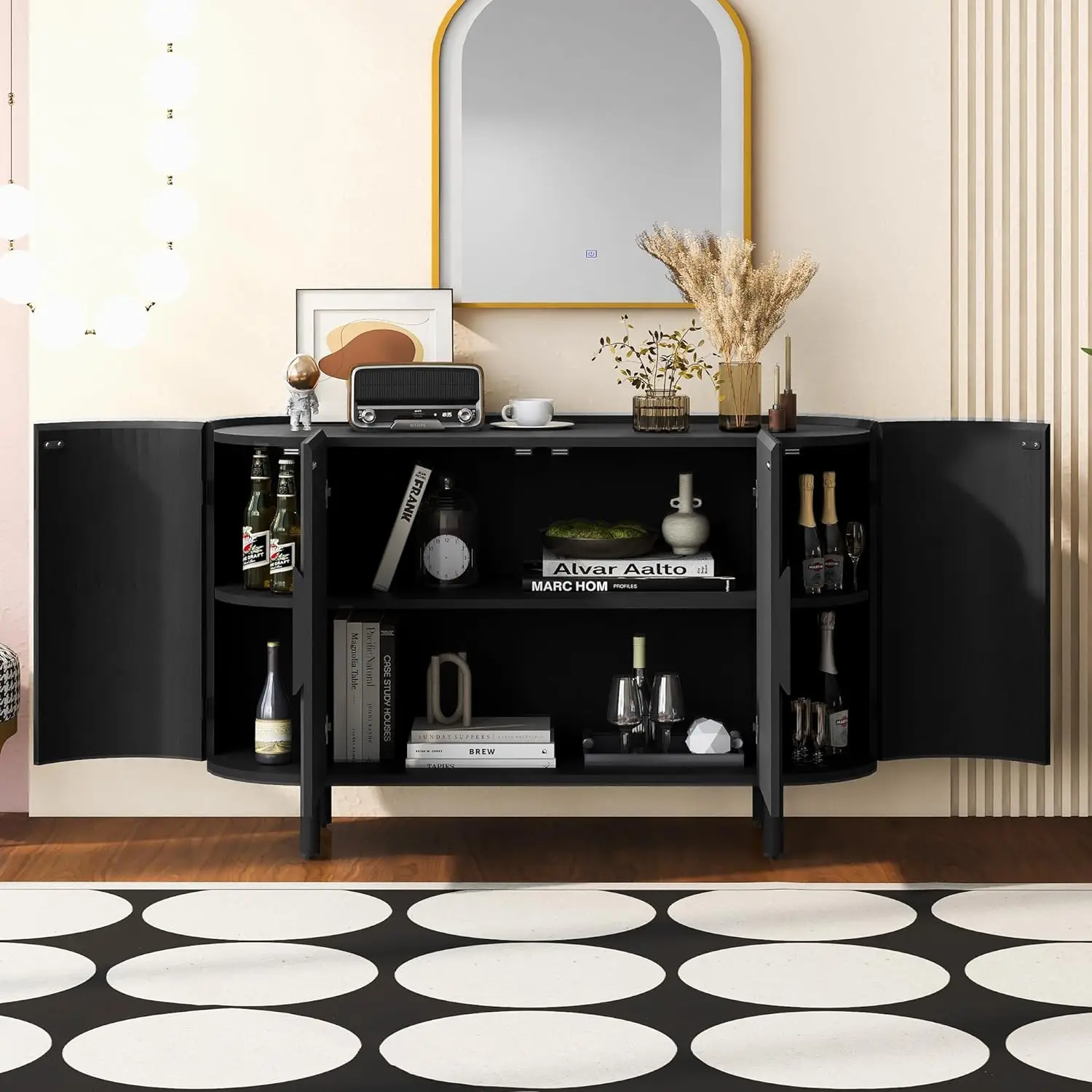 Luxury Modern Sideboard with Unique Curved Design Wooden Display Storage Cabinet with Adjustable Shelf for Living Room