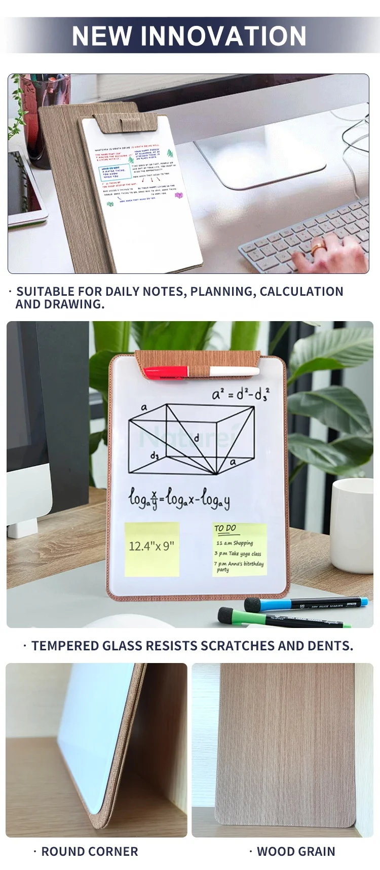 Dry-erase with magnetic splint integrated multi-purpose portable glass white board with PU cover