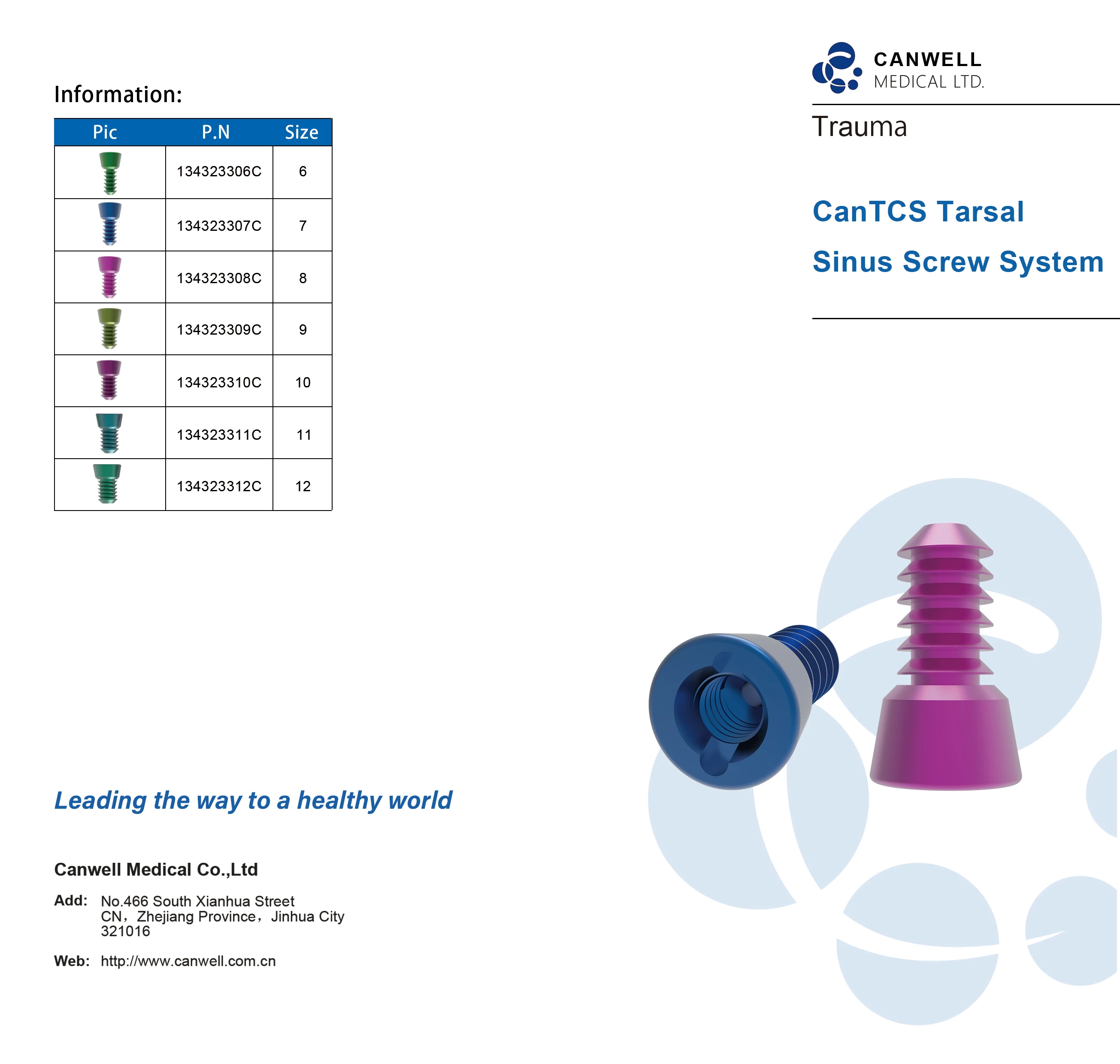 CANWELL Orthopedic Implant and Instrument Foot and Ankle Sinus Tarsal Locking Screw