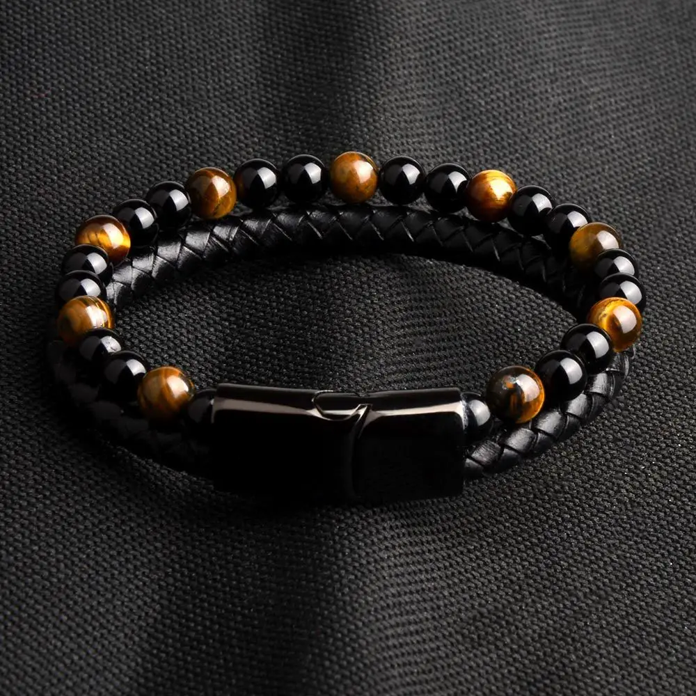 Punk Tiger Eye Lava Men Natural Stone Bead Stainless Steel Magnetic Clasp Black Genuine Leather Bracelet