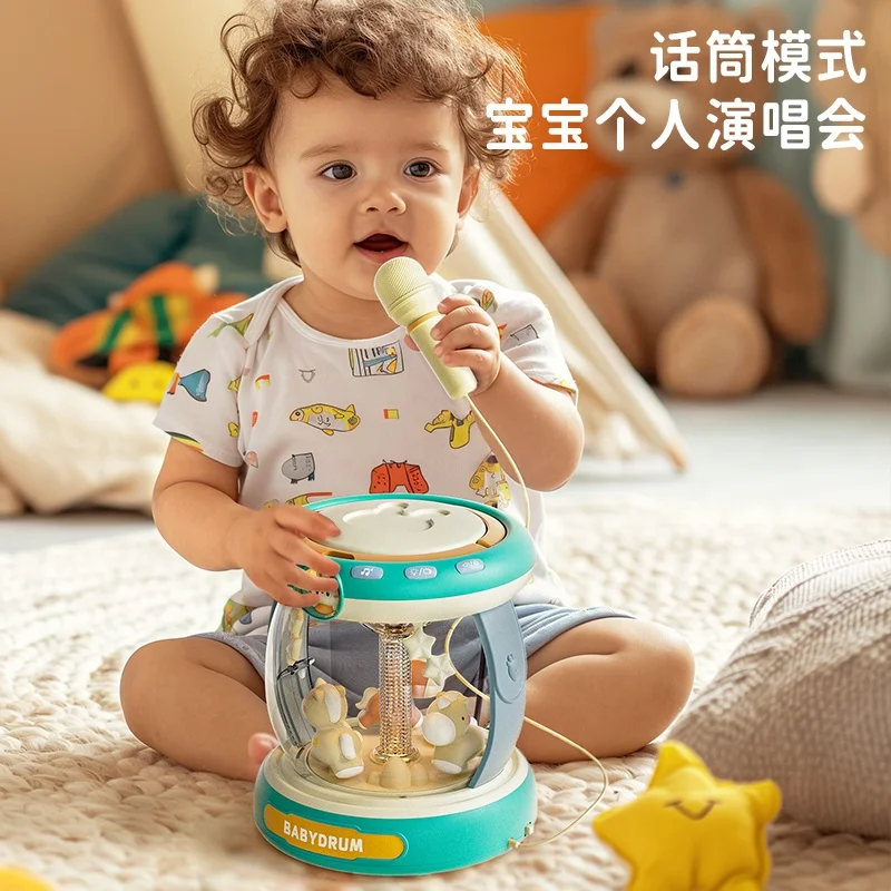 Early Educational Baby LED Projection Musical Drum Toy with Rotating Lights and Sounds Microphone