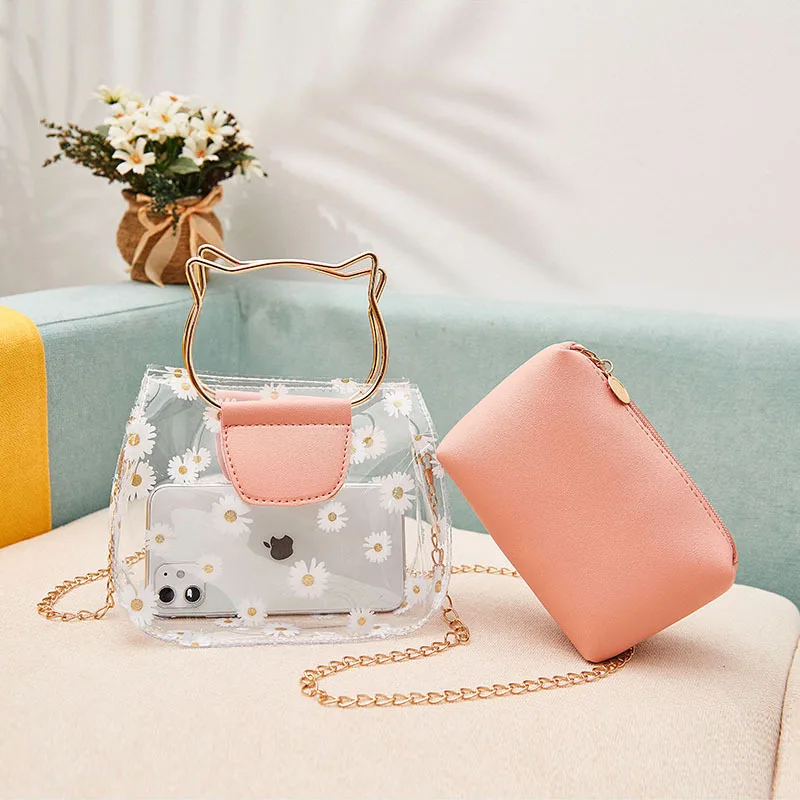 
Newest best price PVC transport crossbody hand bag women in summer small bags with mini leather pocket and chain strap for girls 